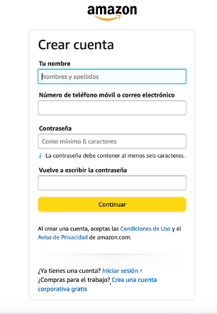 Crear una cuenta en Amazon para comprar productos