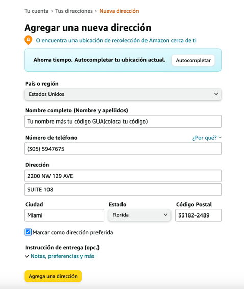 Agregar la dirección de tu casillero en Miami a tu cuenta Amazon